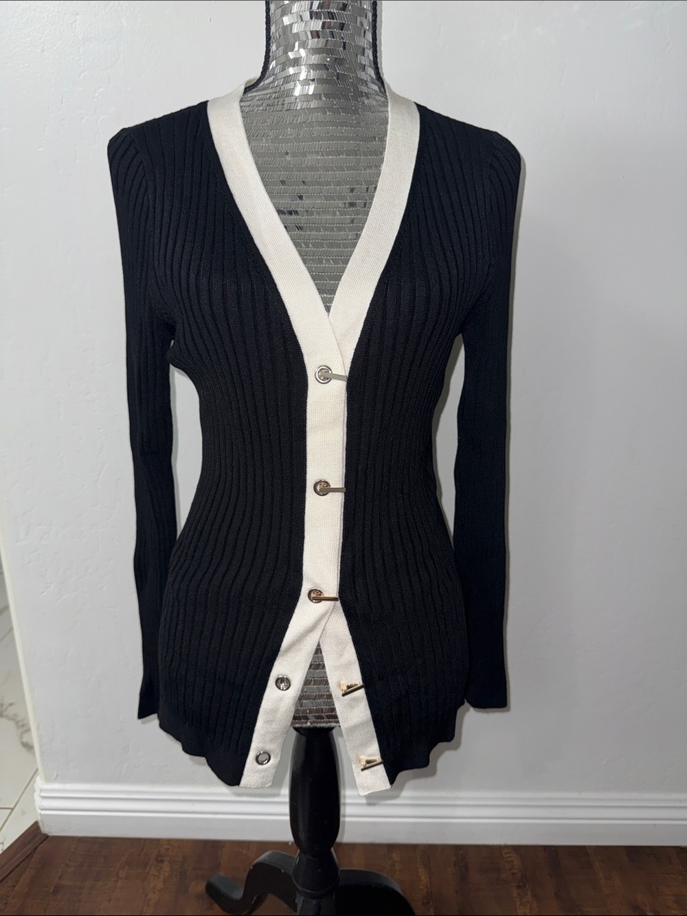 White House Black Market Black Ribbed Cardigan with Cream Trim